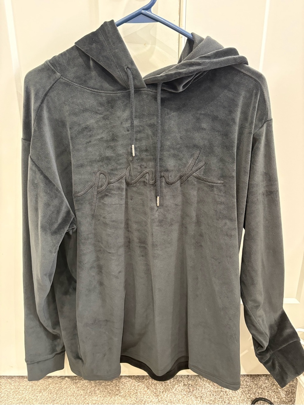 PINK Victoria's Secret Charcoal Gray Velour Hooded Pullover